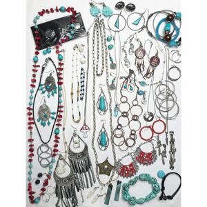 Huge 47pc VTG Estate Southwestern Turquoise Silver Necklace Earring Lot Bundle